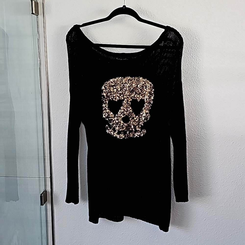 Vintage Havana, Gold Sequin Skull Black Sweater, Valentines Day,  size Small